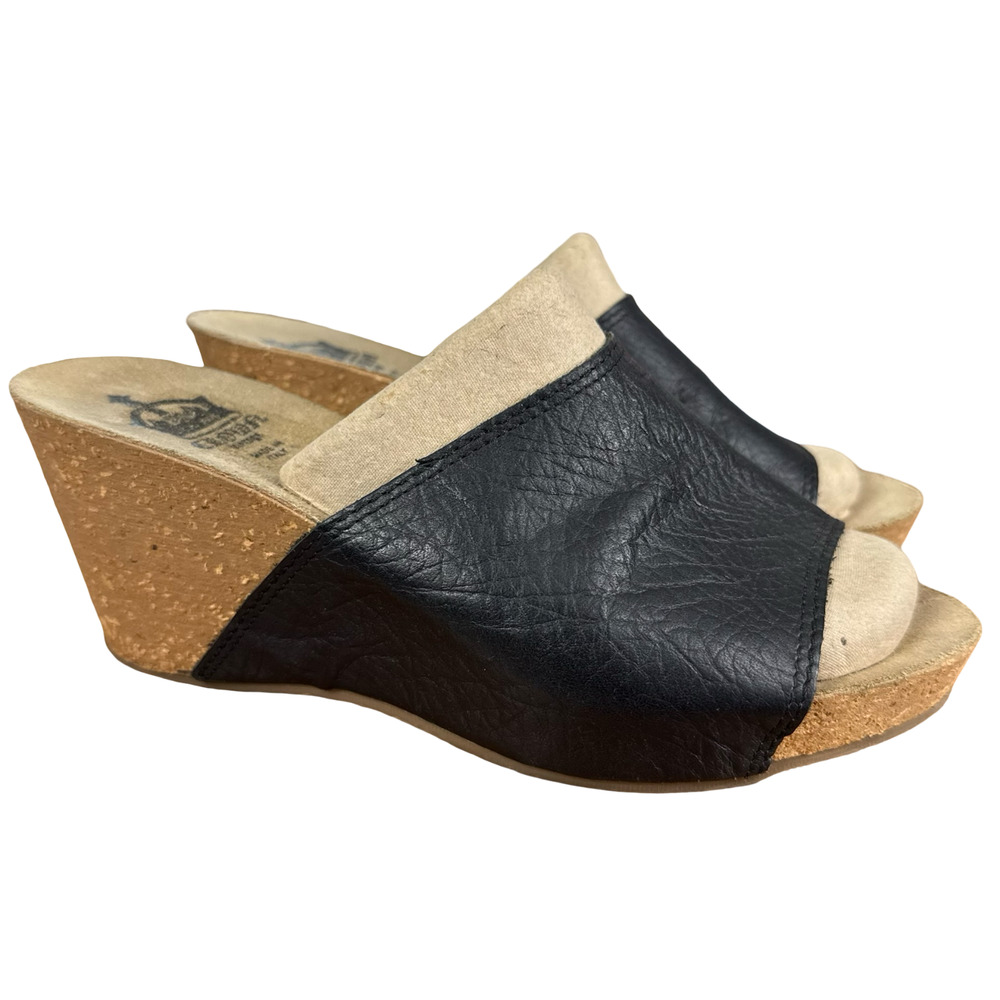 Crown Vintage Black Leather Wedge Open Toe Mules Slip On Sandals Shoes sz 10